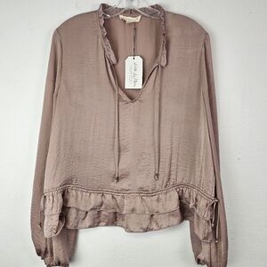 Lovestitch Anthropologie Blouse Tie Neck Sz L Feminine Light Romantic Fairycore